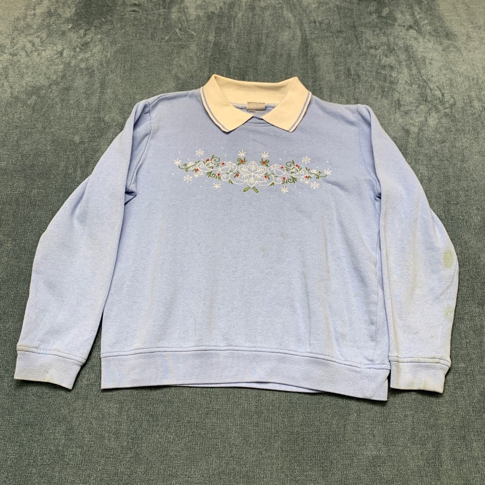 Vintage Adrian Delafield Collared Sweatshirt Womens Small Light Blue Embroidered